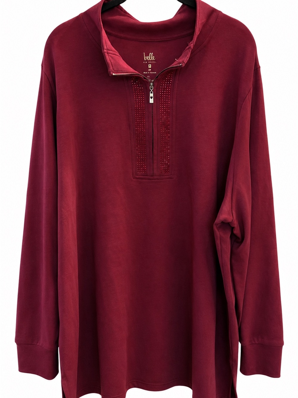 Belle by Kim Gravel Rhinestone Quarter Zip Pullover 3X Petite Burgundy Wine Top